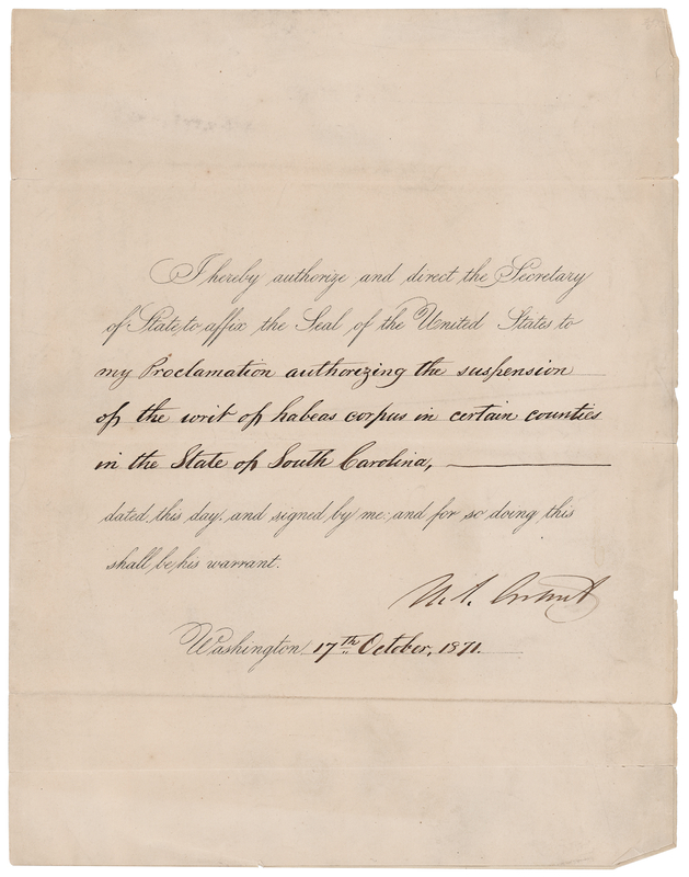 Lot 32 U. S. Grant Document Signed as President to End Ku Klux Klan Violence