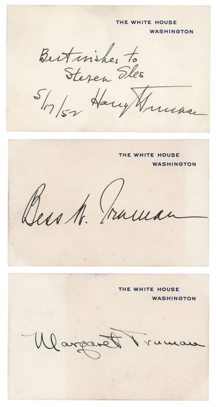 Lot 119 Harry, Bess, and Margaret Truman (3) Signed  White House Cards