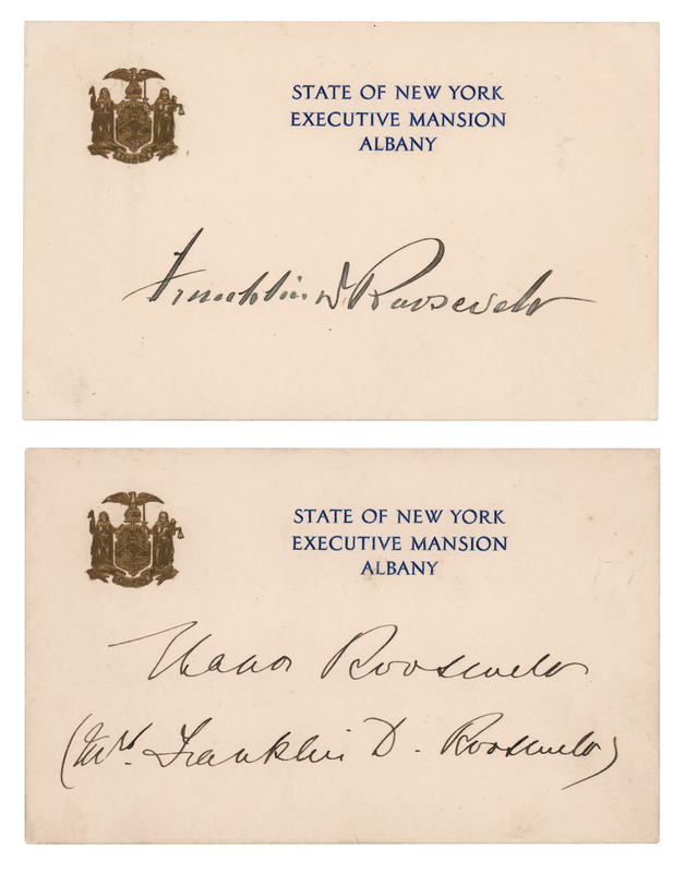 Lot 103 Franklin and Eleanor Roosevelt (2) Signed 'State of New York, Executive Mansion' Cards