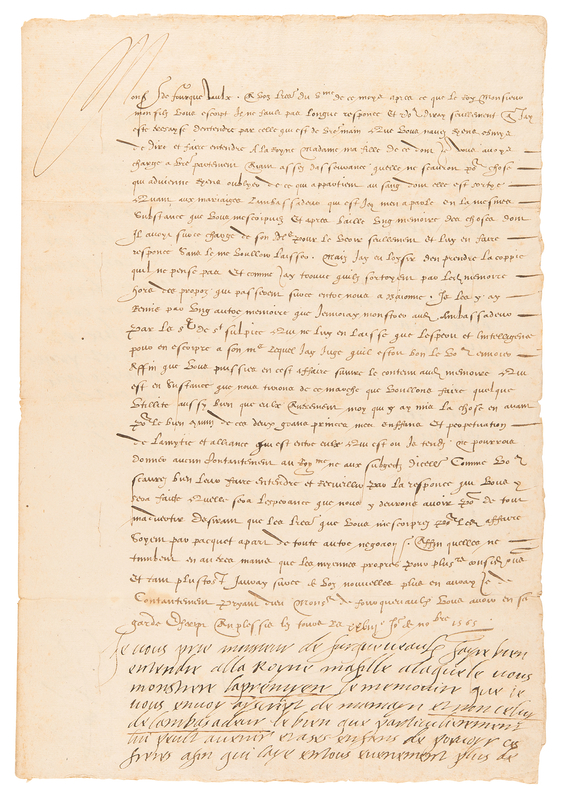 Lot 156 Catherine de Medici Autograph Letter Signed (23 Lines of Handwriting) - Urging the French Ambassador to Spain to Broker Marriage Proposals Between the Two Kingdoms