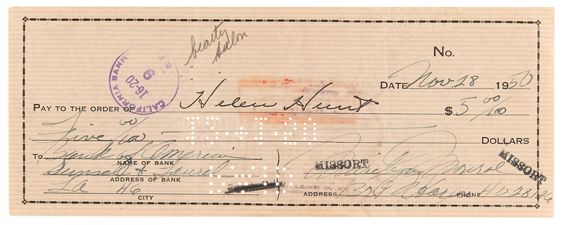 Lot 649 Marilyn Monroe Signed Check to Columbia Pictures Hair Stylist Helen Hunt (1950)