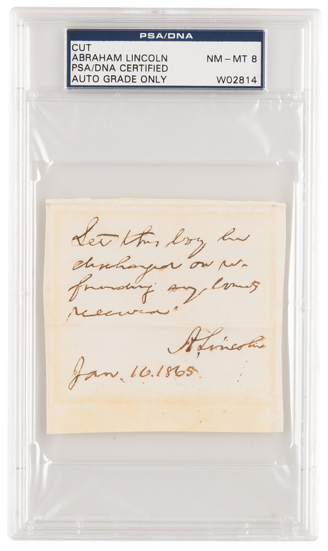 Lot 22 Abraham Lincoln Autograph Endorsement Signed as President (January 10, 1865) - PSA NM-MT 8