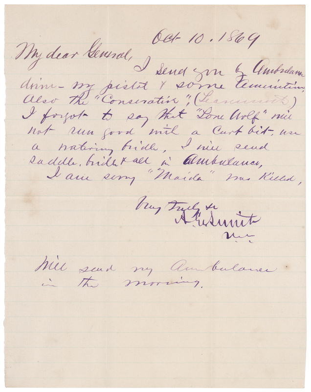 Lot 284 7th Cavalry: Algernon Smith Autograph Letter Signed to Gen. George Custer, Sending a Pistol, Ammunition, and Advice on Horses