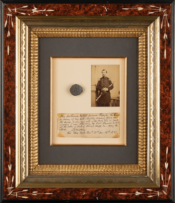 Lot 283 Isaac J. Wistar: Flattened Confederate Bullet That Grazed His Head at the Battle of Drewry's Bluff with Handwritten Attestation (May 16, 1864)