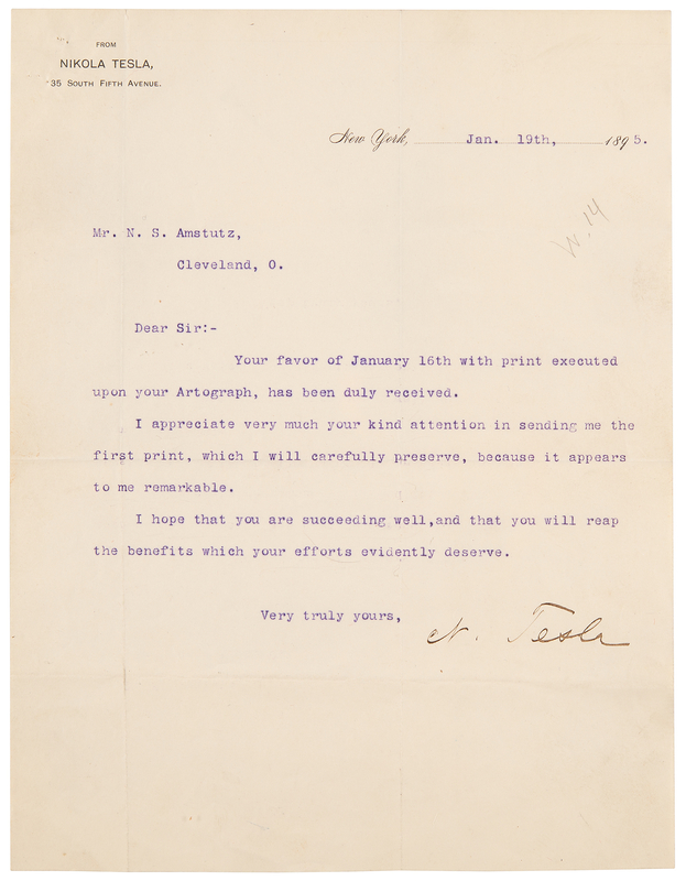 Lot 169 Nikola Tesla Typed Letter Signed to Telegraphy Pioneer Noah Steiner Amstutz