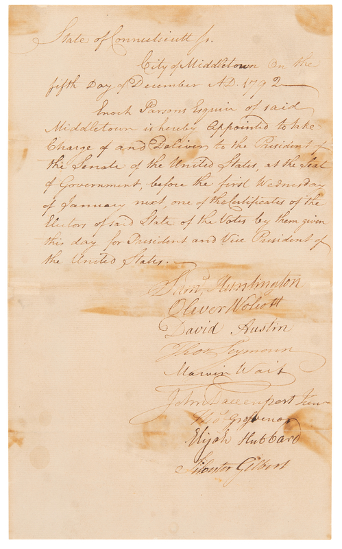 Lot 138 Samuel Huntington and Oliver Wolcott Document Signed - Connecticut's Electoral College Unanimously Re-elects George Washington as President (1792)