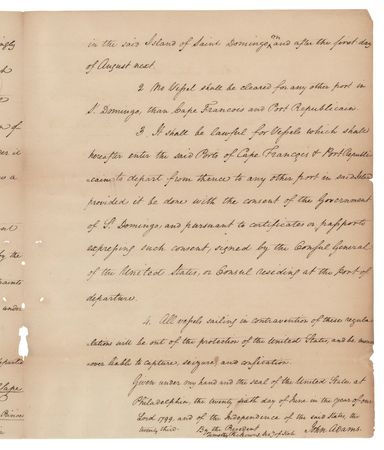 Lot #8 John Adams: Manuscript Proclamation of an Act of Congress, Restoring Trade with St. Domingo - Image 4