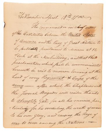 Lot #5 [George Washington] Extracts from Washington's Newburgh Headquarters Orderly Book, with the 'Newburgh Address' and Peace Proclamation: 