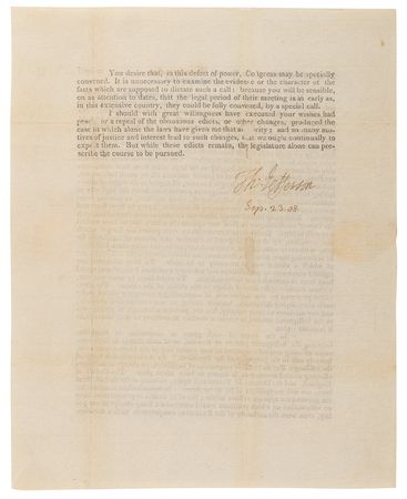 Lot #12 Thomas Jefferson Letter Signed as President on the Embargo Act of 1807: 