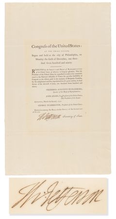 Lot #9 Thomas Jefferson Document Signed as Secretary of State, Acknowledging France's Tribute 