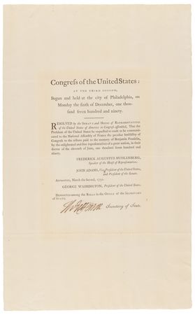 Lot #9 Thomas Jefferson Document Signed as Secretary of State, Acknowledging France's Tribute 