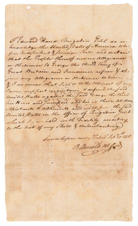 Lot #265 Benedict Arnold Revolutionary War-Dated Autograph Document Signed, Certifying an Oath of Allegiance to 