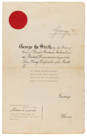 Lot #231 King George VI Document Signed, Granting License to 