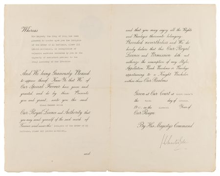 Lot #231 King George VI Document Signed, Granting License to 