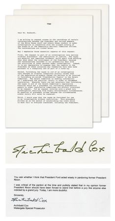 Lot #197 Archibald Cox Signed Souvenir Typescript and Typed Note Signed - Image 1