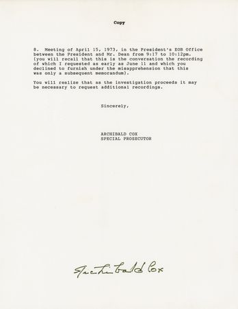 Lot #197 Archibald Cox Signed Souvenir Typescript and Typed Note Signed - Image 4