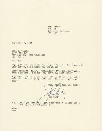 Lot #670 John Candy Typed Letter Signed: Acting