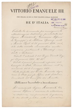 Lot #355 Benito Mussolini and Vittorio Emanuele III Document Signed - Image 1