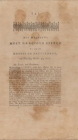 Lot #151 King George III Early Printing of 'His Majesty?s Most Gracious Speech' - The King's First Response to the Declaration of Independence (October 31, 1776) - Image 5