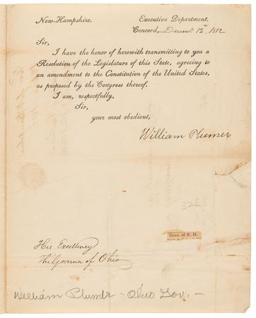 Lot #236 New Hampshire: War-Dated Transmittal Letter from Governor Plumer, Forwarding a Resolution for the 'Original' Thirteenth Amendment, the Titles of Nobility Amendment (December 1812) - Image 2