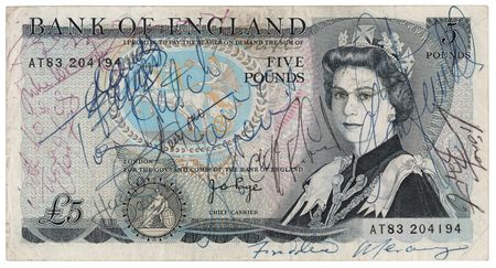 Lot #504 Queen: Freddie Mercury Twice-Signed £5 Banknote - Image 1