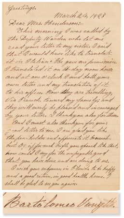 Lot #176 Bartolomeo Vanzetti Autograph Letter Signed from Prison, Urging Family and Friends to Temper Their Optimism Two Weeks Before Being Sentenced to Death - Image 1