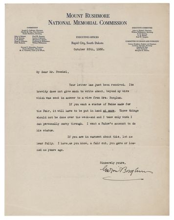 Lot #441 Gutzon Borglum Typed Letter Signed, Proposing a Statue of Thomas Paine - Image 1