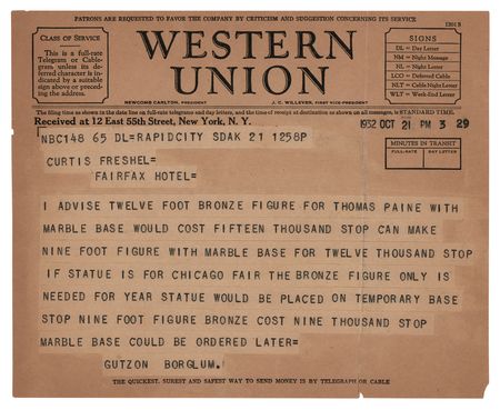 Lot #441 Gutzon Borglum Typed Letter Signed, Proposing a Statue of Thomas Paine - Image 2