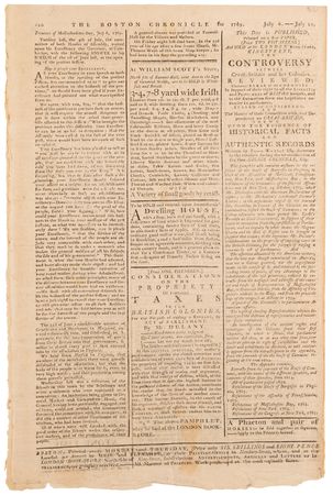 Lot #362 Revolutionary War: The Boston Chronicle from July 10, 1769, with Complaints on Taxation, British Troops in Boston, and Governor Bernard - Image 3