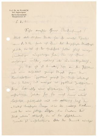 Lot #168 Max Planck War-Dated Autograph Letter Signed on Nazi Attacks on Einstein?s Theory of Relativity - ?This attack on a scientific theory for popular political reasons has always had something ridiculous for me? - Image 2