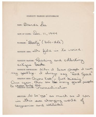 Lot #632 Brenda Lee Signed Photograph and Signed Questionnaire - Image 3