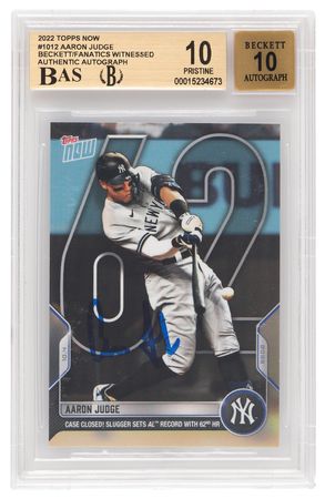 Lot #798 Aaron Judge: 2022 Topps Now '62' Home Run Signed Baseball Card - BGS PRISTINE 10/10 - Image 1