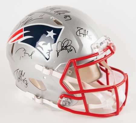 Lot #810 New England Patriots Legends (8) Signed Helmet with Brady, Gronk, Edelman, and Bruschi (Ltd. Ed. #11/12) - Image 1