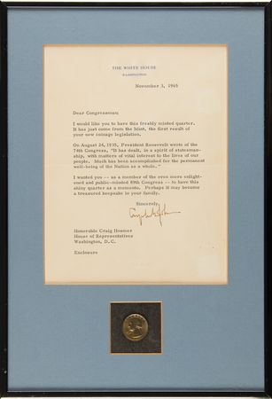 Lot #77 Lyndon B. Johnson Typed Letter Signed as President with Gift 1965 Quarter to a California Congressman - Image 1