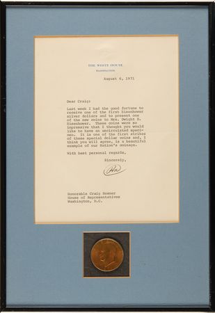 Lot #89 Richard Nixon Typed Letter Signed as President with Gift 1971 Eisenhower Silver Dollar to a California Congressman - Image 1