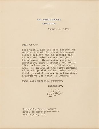 Lot #89 Richard Nixon Typed Letter Signed as President with Gift 1971 Eisenhower Silver Dollar to a California Congressman - Image 2