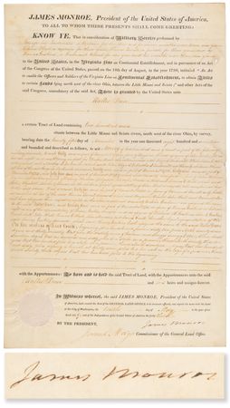 Lot #83 James Monroe Document Signed as President - Land Grant for Continental Army Service - Image 1