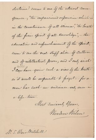 Lot #126 Woodrow Wilson Autograph Letter Signed to Dr. Silas Weir Mitchell: 