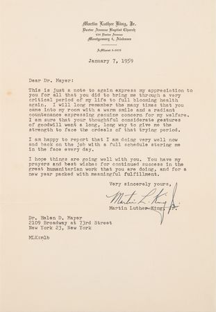 Lot #160 Martin Luther King, Jr. Letter Signed to a Harlem Hospital Doctor After an Assassination Attempt: 