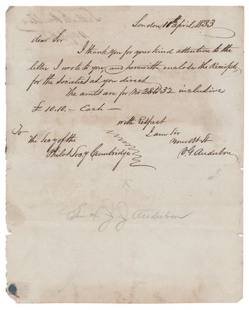 Lot #432 John J. Audubon Autograph Letter Signed, Sending 