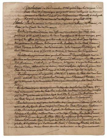 Lot #214 [John Hancock] French Translation of Congressional Resolution Aiming to Form an Alliance Against Great. Britain (c. 1778) - Image 1