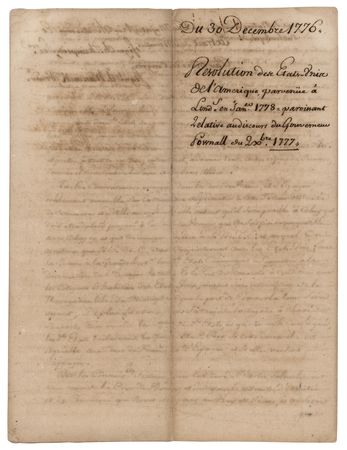 Lot #214 [John Hancock] French Translation of Congressional Resolution Aiming to Form an Alliance Against Great. Britain (c. 1778) - Image 3