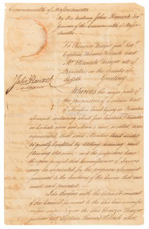 Lot #136 John Hancock Document Signed as Governor of Massachusetts, Authorizing Drainage and Irrigation Work for 400 Acres of Braintree Meadow Land - Image 3