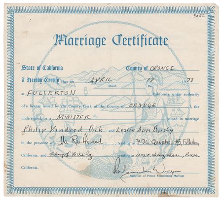 Lot #471 Philip K. Dick Filled Out and Signed Marriage Certificate - Image 1