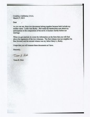 Lot #471 Philip K. Dick Filled Out and Signed Marriage Certificate - Image 2