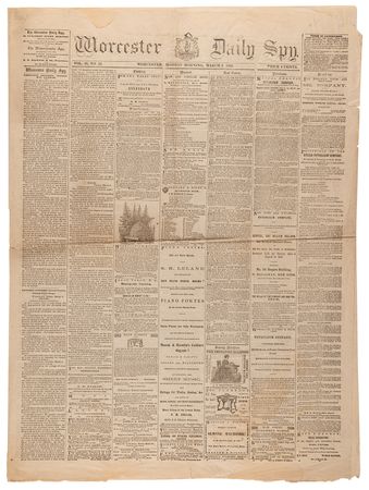 Lot #330 Civil War: The Worcester Daily Spy from March 6, 1865, with Abraham Lincoln's Second Inaugural Address: 