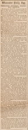 Lot #330 Civil War: The Worcester Daily Spy from March 6, 1865, with Abraham Lincoln's Second Inaugural Address: 