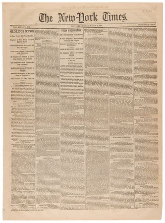 Lot #329 Civil War: The New-York Times from March 6, 1865, with Abraham Lincoln's Second Inaugural Address: 