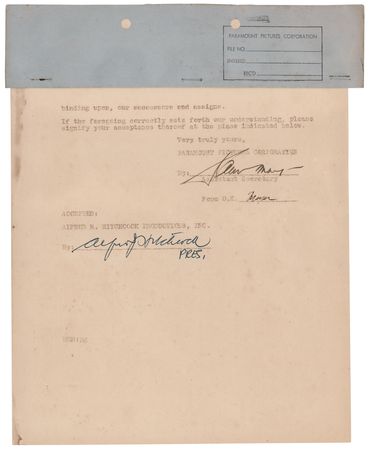 Lot #705 Alfred Hitchcock Signed Movie Document for The Trouble with Harry - Image 1