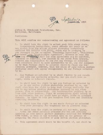 Lot #705 Alfred Hitchcock Signed Movie Document for The Trouble with Harry - Image 2